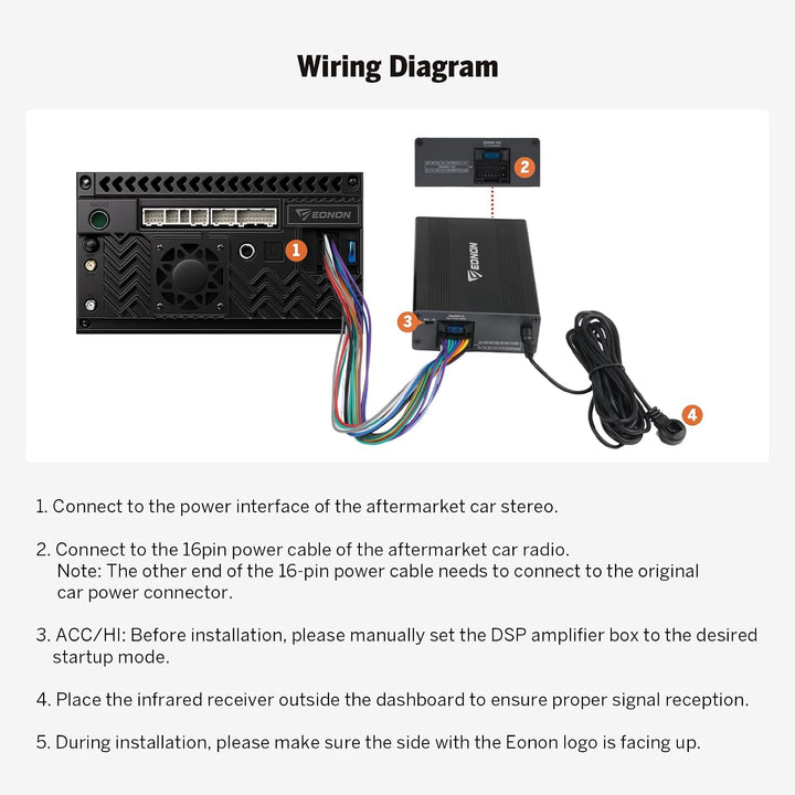 Eonon DSP-Digitalverstärkerbox, 4CH×50W Ausgang, EQ-Modus, Bluetooth Netzstecker für Autoradio A304