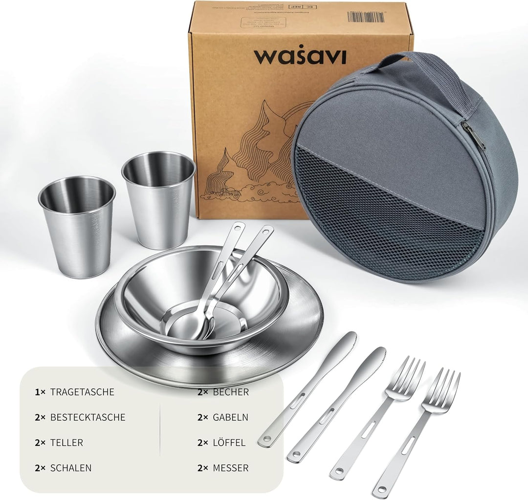 Campingbesteck Set – Camping Geschirr Set mit Edelstahl Besteckset, Teller, Schale und Gläser. Inklu