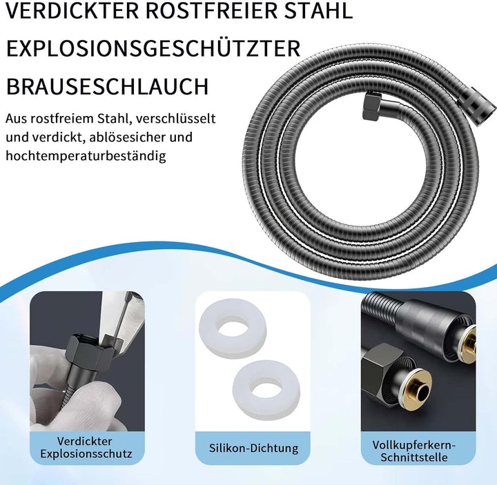 Grauer Duschkopf mit Schlauch und Halterung – 8-stufige Handbrause mit 4-Tasten-Umschaltung, Hochdru