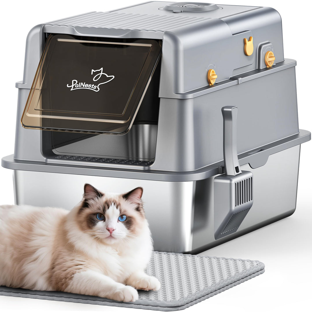 Edelstahl-Katzentoilette mit Deckel, XXL Katzenklo Edelstahl mit 105° -Klappe und Schaufel, 3-in-1 K