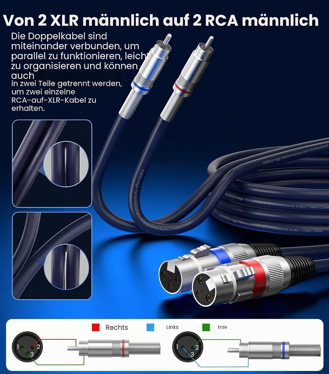 Tisino Doppelte XLR-Buchse auf Cinch-Kabel, Hochleistungskabel, 2 XLR-Buchsen auf 2 Cinch-Stecker, H