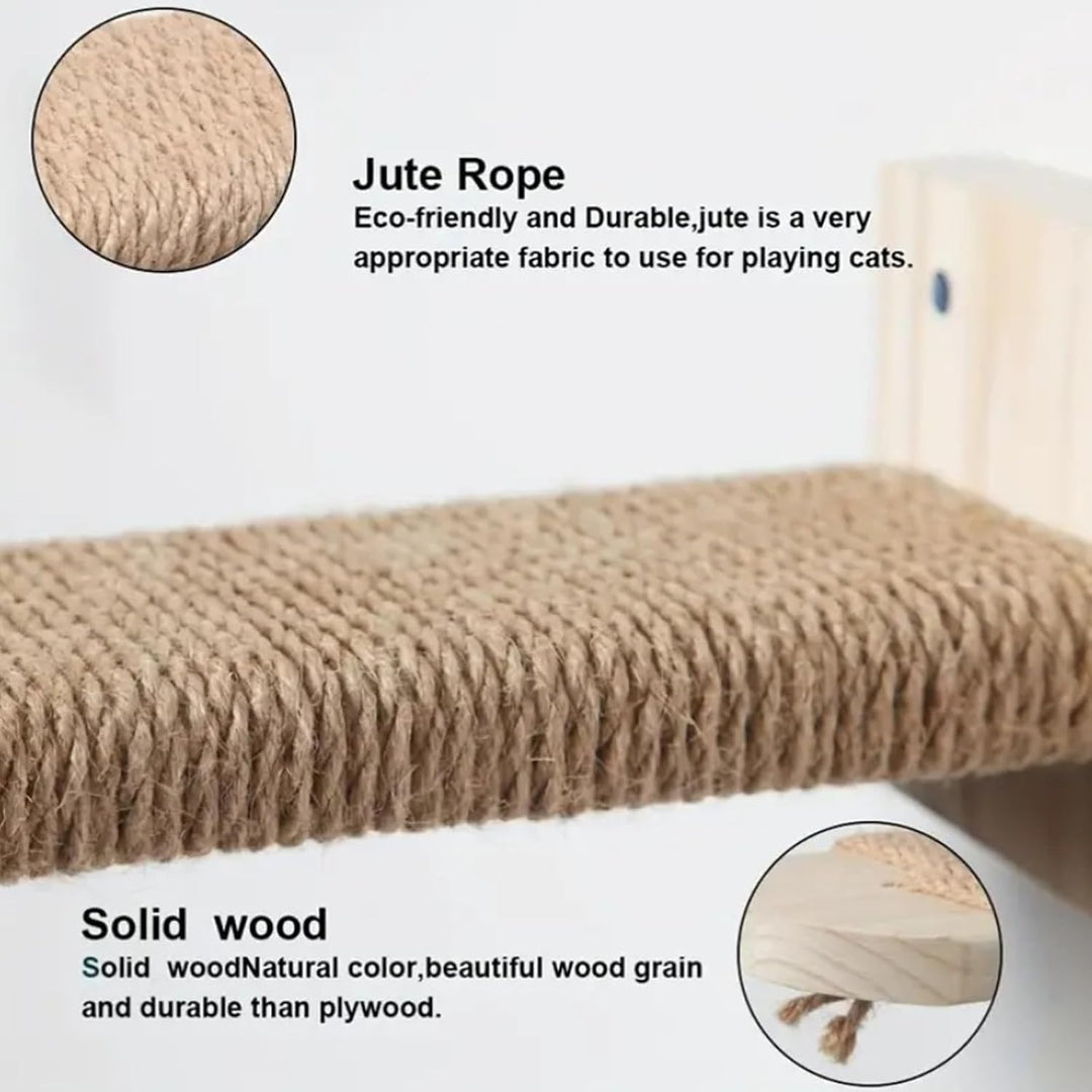 4 Stück Katzentreppe Wand: Holz Katzen Kletterwand aus Massives Gummiholz, Katzenleiter Set, Katzenw