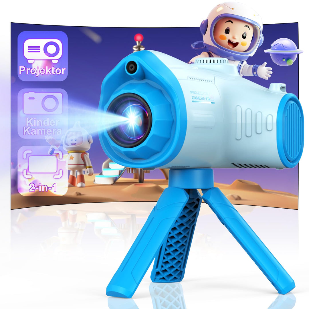 Kinderkamera mit Projektor, CHAKEYAKE 2 in 1 1080P Kinder Kamera mit Stativ, 32GB-Karte, 2500mAh Akk