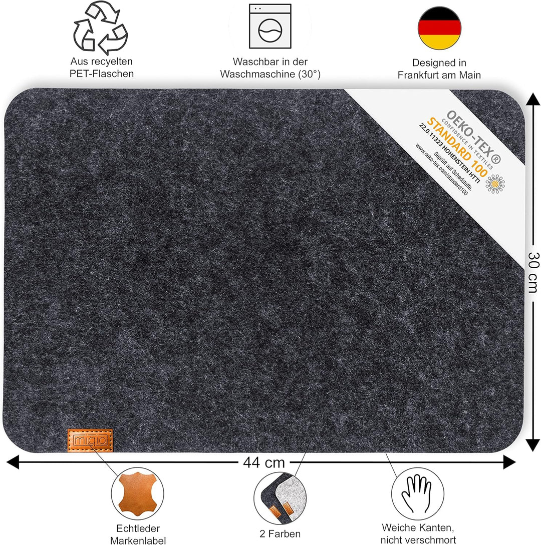 Miqio® - Design Tischset aus Filz | Marken Label aus echtem Leder | 6er Set Platzset (dunkel grau an