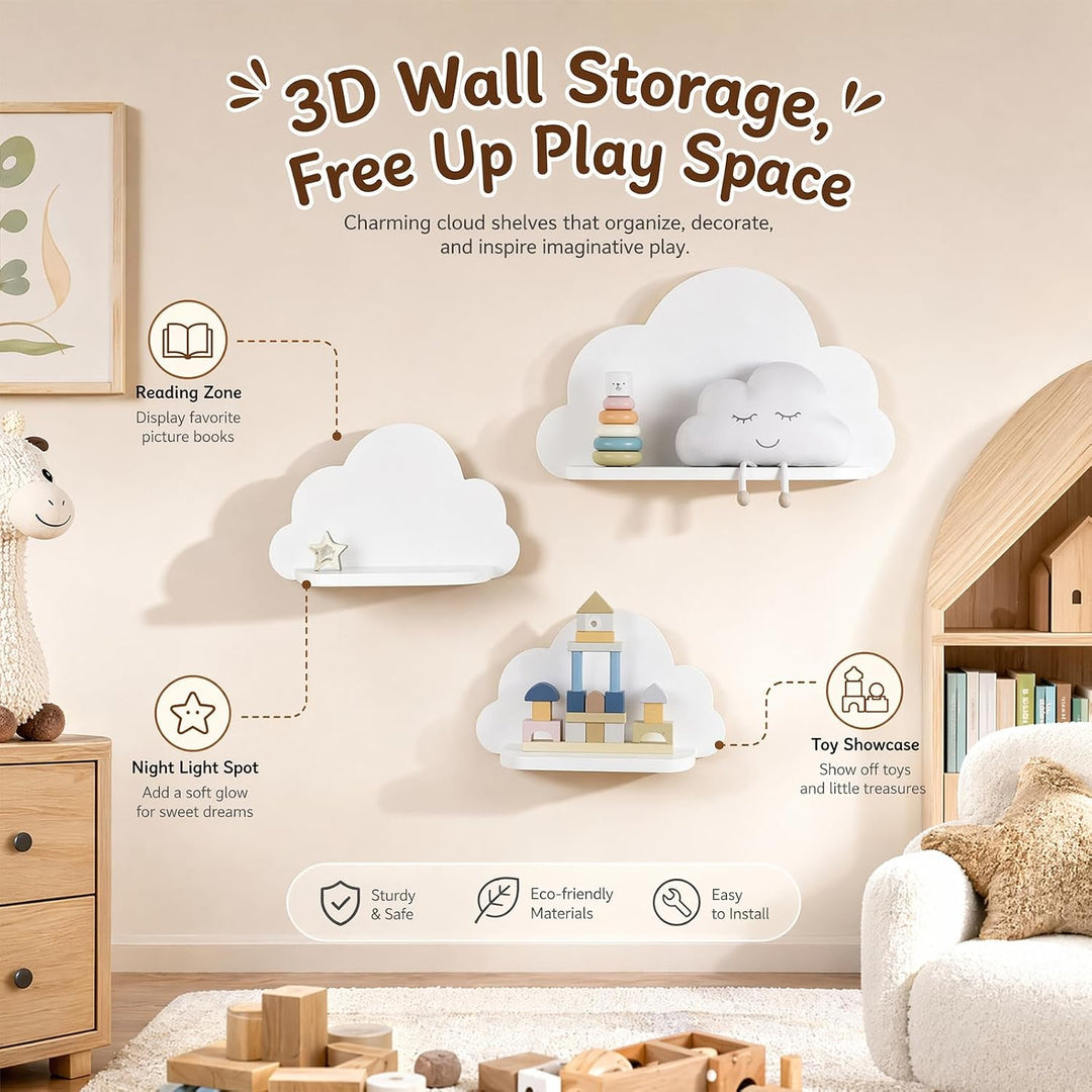 Kinderzimmer deko 3er Set Wandregal Wolke Niedlich | Aufbewahrung für Babyzimmer Kinderzimmer Junge