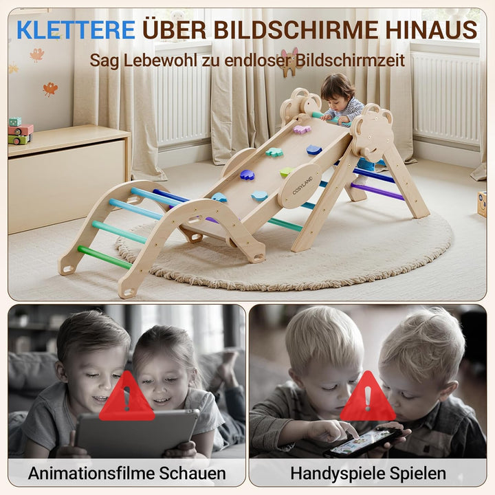 COSYLAND 8-in-1 Montessori Klettergerüst Indoor ab 1 Jahr – Kletterdreieck mit Rutsche, Kletterbogen
