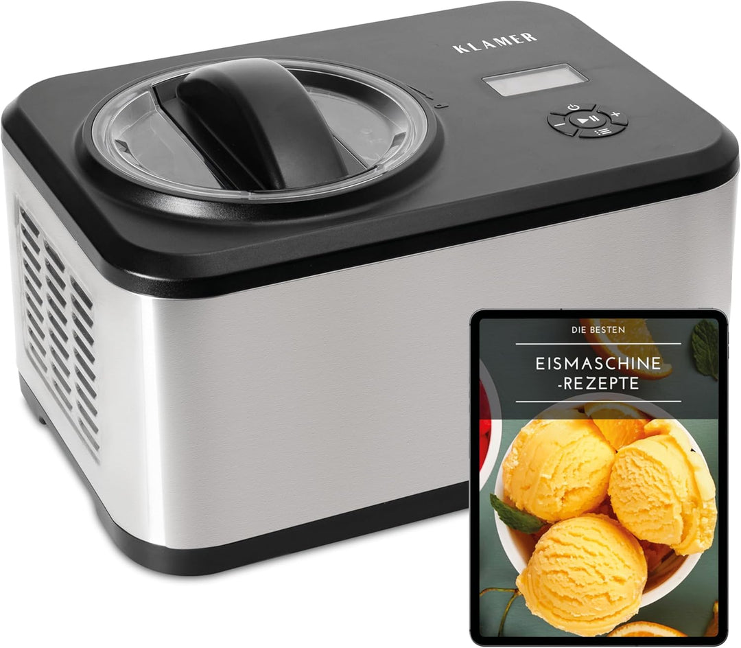 KLAMER Eismaschine 1,5L, 120 W Eiscrememaschine aus Edelstahl mit Kühlfunktion, hausgemachtes Speise