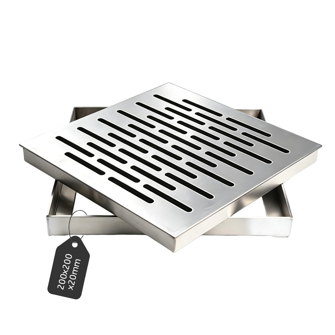 Bodenablauf Edelstahl 200×200 mm mit Rahmen, quadratisches Abflussgitter | Rostfreie Ablaufabdeckung