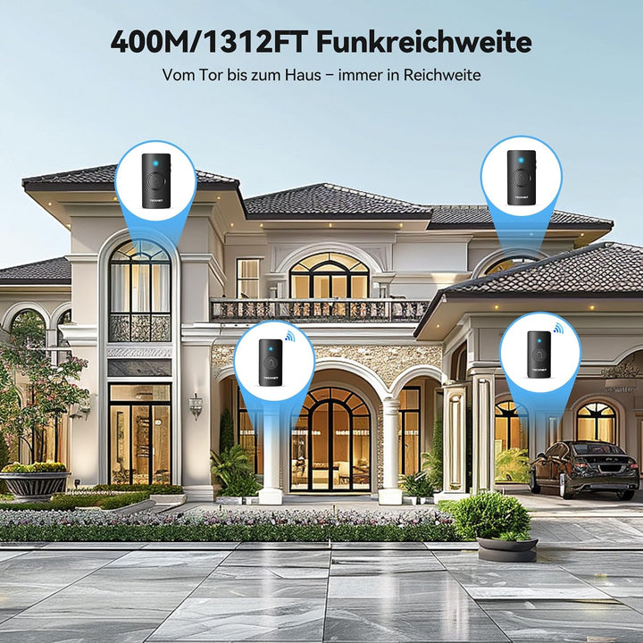 TECKNET Funkklingel, IP67 Türklingel-Set Aussen wasserdicht, 400M Reichweite, Batteriebetrieben mit