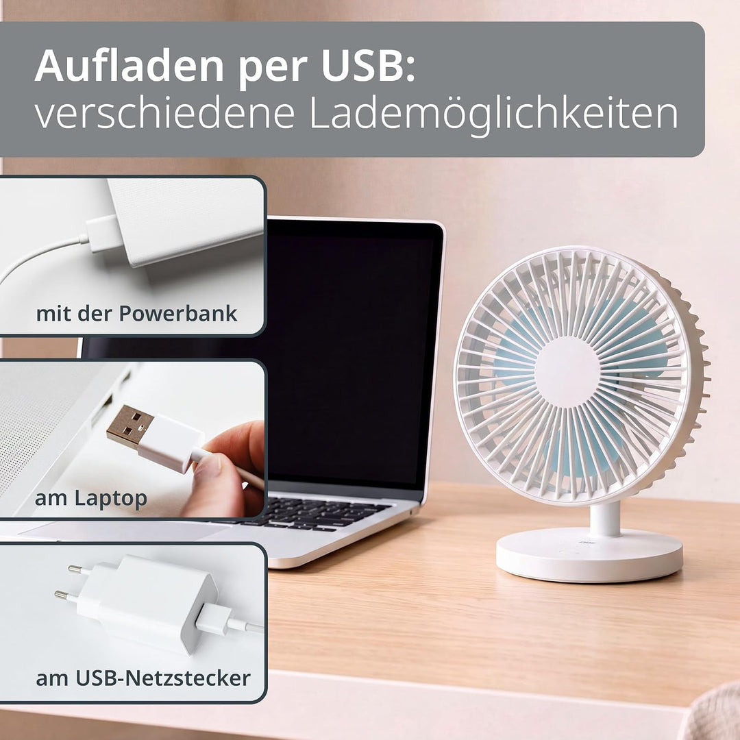 ADE Sehr leiser Tischventilator | USB Ventilator mit 3 Geschwindigkeitsstufen | 2.000 mAh Akku für b