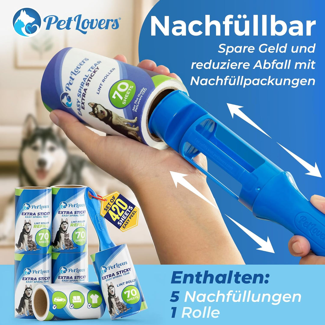 PetLovers Fusselrolle Tierhaare Extra klebrig 420 Blatt – Fusselrasierer Tierhaarentferner für Kleid