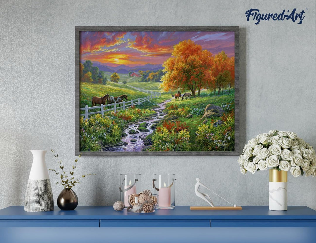 Figured'Art Malen Nach Zahlen Erwachsene Mit Rahmen Landschaftlicher Sonnenuntergang und Pferde - Pa