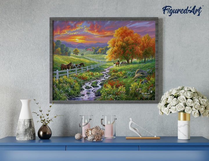 Figured'Art Malen Nach Zahlen Erwachsene Mit Rahmen Landschaftlicher Sonnenuntergang und Pferde - Pa