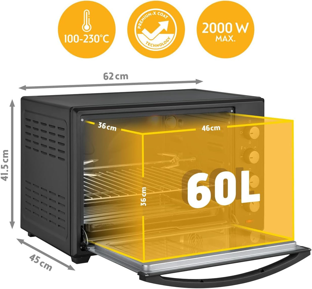 TZS First Austria Minibackofen, 2000 Watt, 60L, mit Innenbeleuchtung, Umluft-Funktion, Drehspiess fü