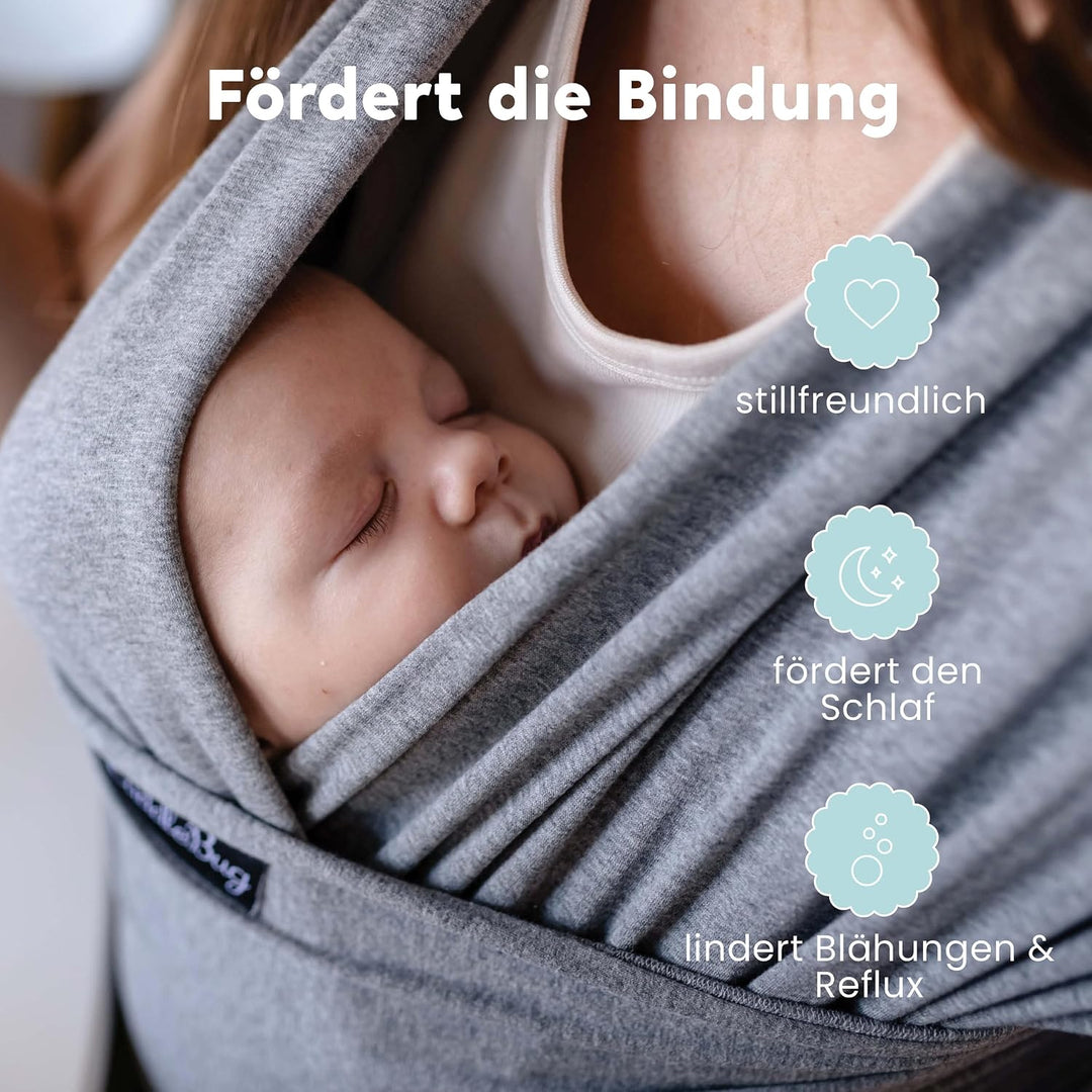 Cuddlebug Tragetuch Baby Neugeborene, Elastisch, 3-16 kg, Grau | Atmungsaktiver Stoff, Freihändiges