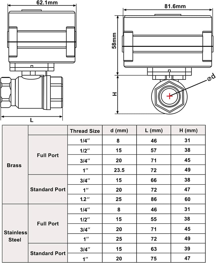 U.S. Solid 1 1/4" Motorkugelhahn Messing 2 Wege Elektrischer Kugelhahn 9–24 V DC, DN32, 2 Drähte, Au