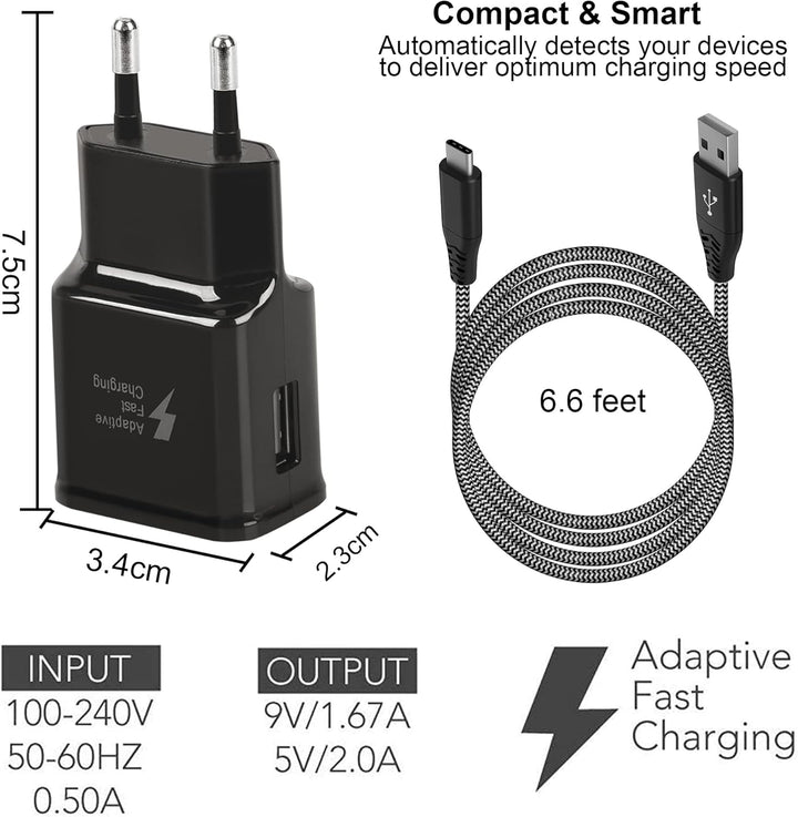 Adaptive Fast Ladegerät mit USB-C Nylon Schnellladekabel 2 M, Original-Fast-Ladung QC3.0 kompatibel