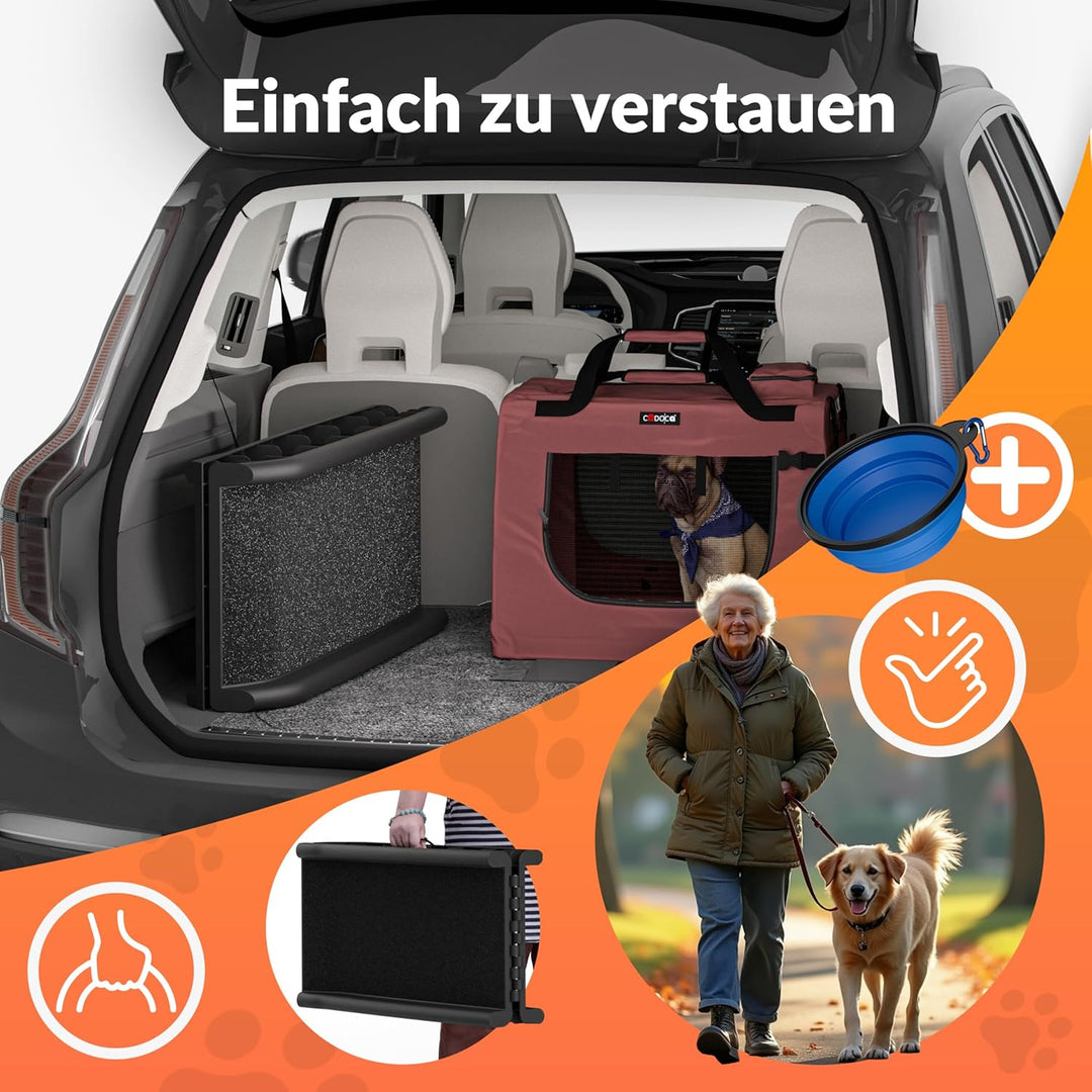 Hunderampe Auto klappbar 90kg kompakt 156x40cm Tragegriff Sicherungsbügel Reflektoren Trinknapf Hund