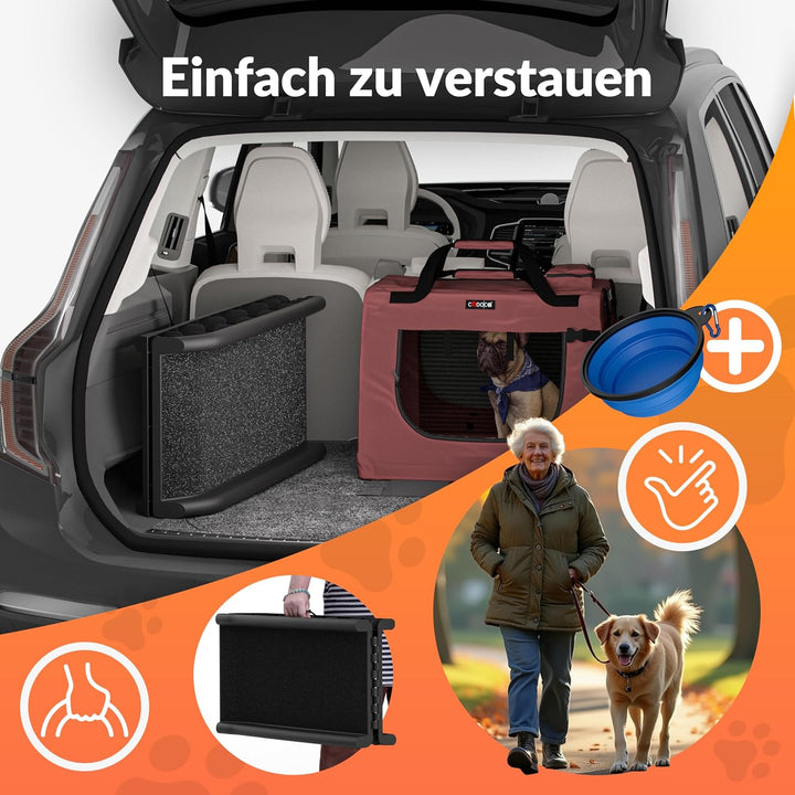 Hunderampe Auto klappbar 90kg kompakt 156x40cm Tragegriff Sicherungsbügel Reflektoren Trinknapf Hund