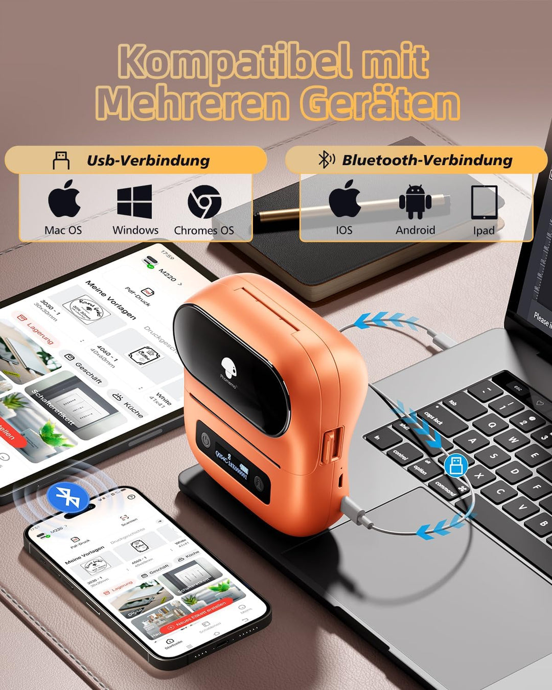 Phomemo M220 Bluetooth Etikettendrucker, Tragbarer Thermo Beschriftungsgerät, Upgrade 3 Zoll Labeldr