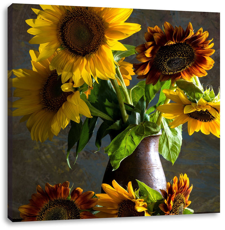 Sonnenblumen in edler Vase, Format: 70x70 auf Leinwand, XXL riesige Bilder fertig gerahmt mit Keilra