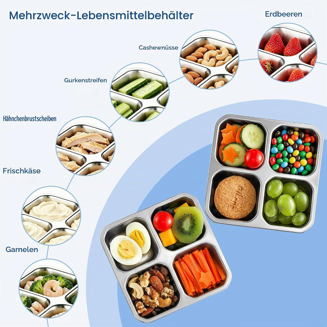 Misichao Edelstahl Snackbox mit 4 Fächern, 400ML Snackdose Kinder, Brotdose Erwachsene, Lunchbox Spü