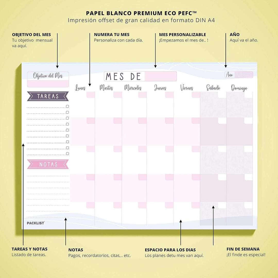 PACKLIST Personal Organizer (SPANISCH Semanal + Mensual | A4 Lila)