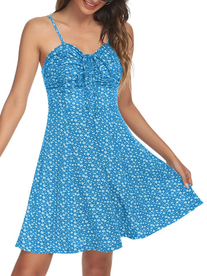 Missufe Damen Sommerkleid Swing Blumenkleid Freizeitkleid Spaghettiträger Cami Kleider L Blau, L Bla
