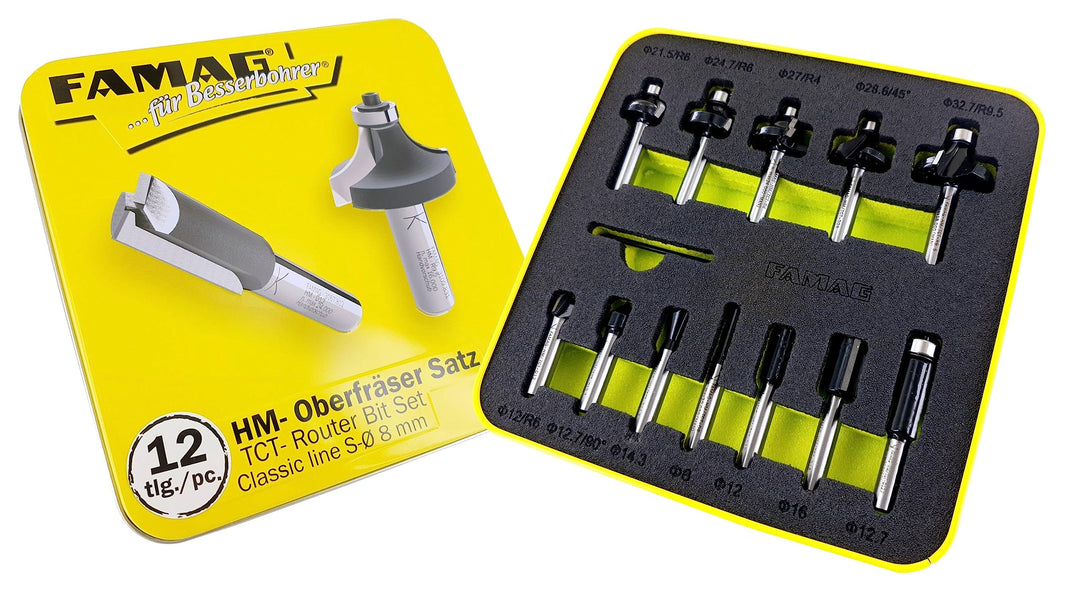 FAMAG Hartmetall Fräser-Satz Classic Line, 12-teilig, Schaft-Ø 8mm, in Metallbox - 3381.812, Classic