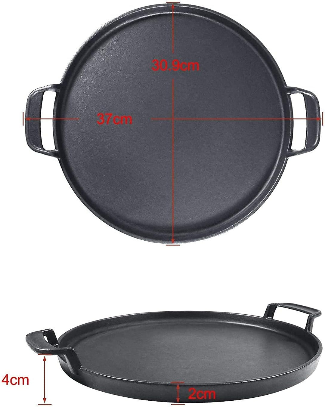 Denmay Universal Gusseisen Grillpfanne, gross rund Gusspfanne mit zwei Griffe und zwei Ausgiesser, m