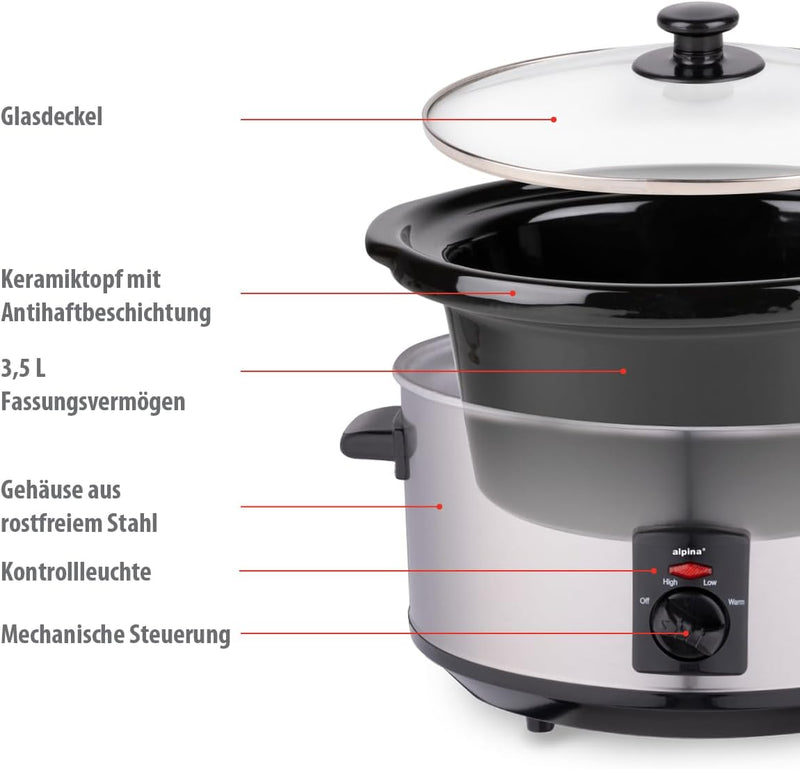 Alpina Slow Cooker - Schongarer - 3,5 Liter - Keramik-Innenbehälter - 3 Heizstufen -