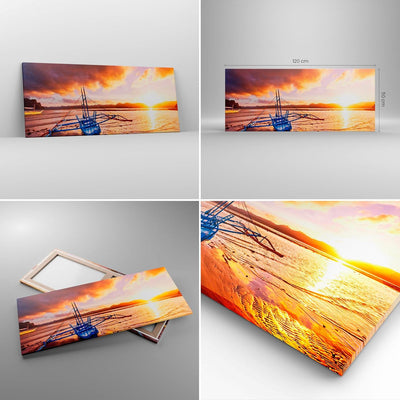 Wandbilder Dekoration Wohnzimmer Ufer Boot Strand Panorama Bilder auf Leinwand 120x50cm Leinwandbild