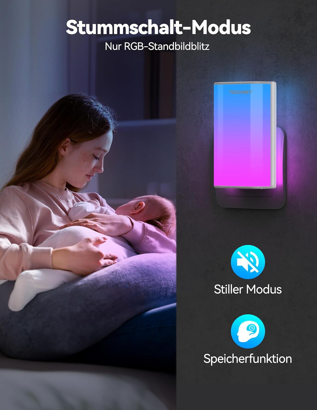TECKNET Türklingel Batterielose, Steckdosen-Funkklingel mit EU-Steckdose und RGB Licht, IP65 Wasserd