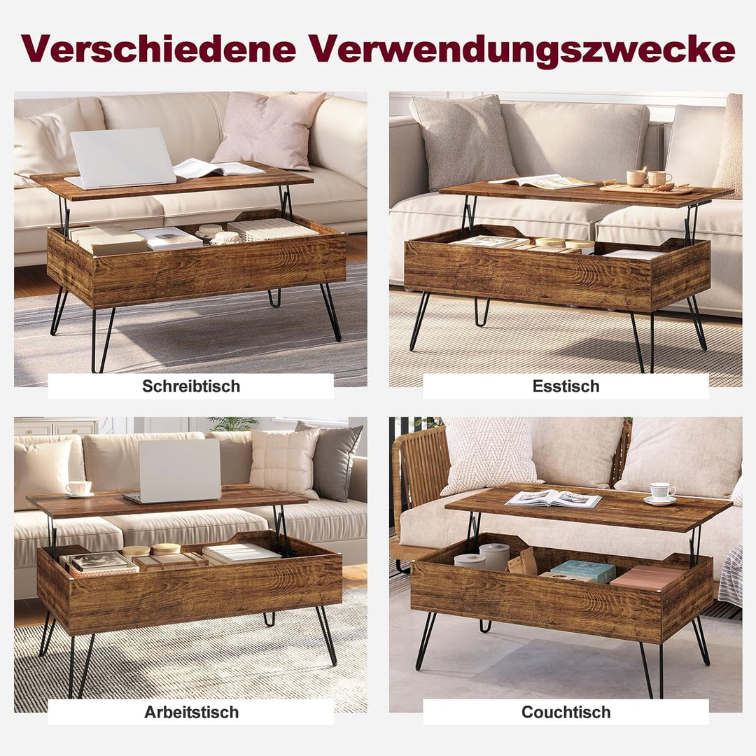 WOLTU Couchtisch Wohnzimmertisch höhenverstellbar ausziehbar, Kaffeetisch mit verstecktem Stauraum,