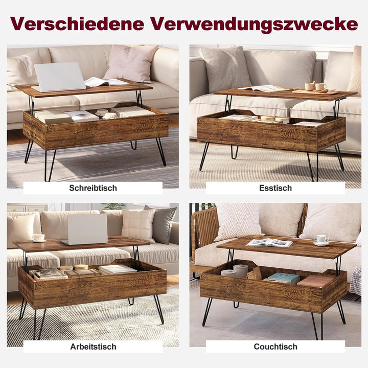 WOLTU Couchtisch Wohnzimmertisch höhenverstellbar ausziehbar, Kaffeetisch mit verstecktem Stauraum,