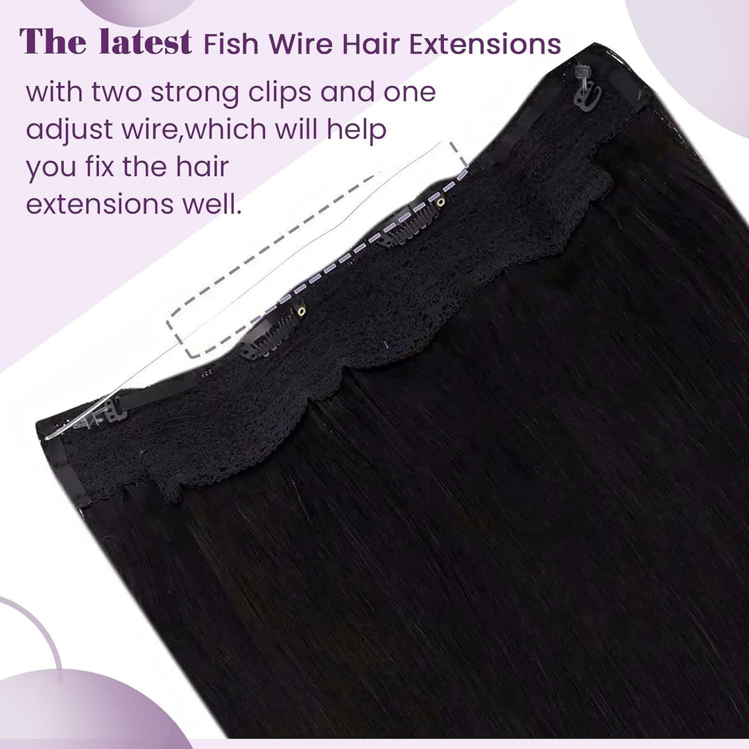 LaaVoo Unsichtbar Fish Line Echthaar Extensions mit Draht Schwarz Invisible Secret Wire Extensions E