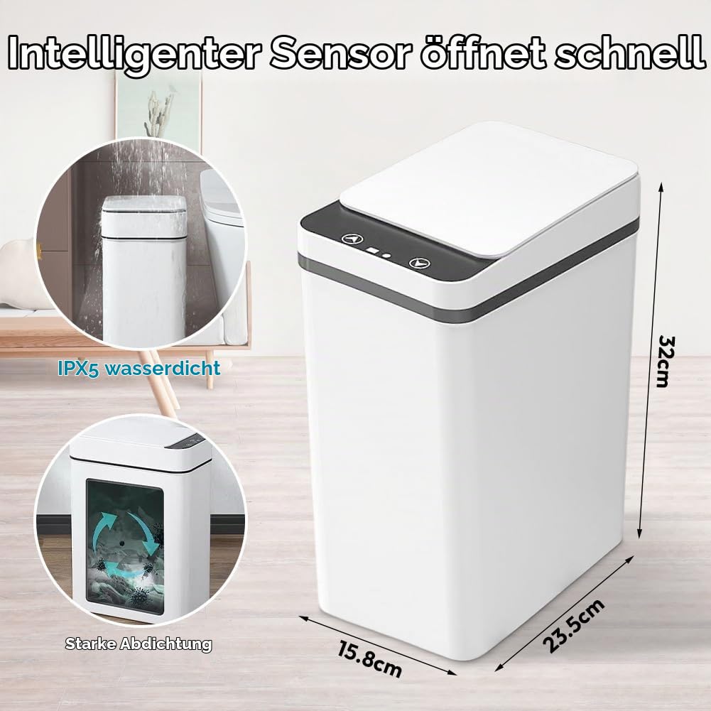 Mülleimer Bad 12L Sensor Kosmetikeimer - Mülleimer mit Sensor Technologie, Touchless &amp; Wasserdicht -