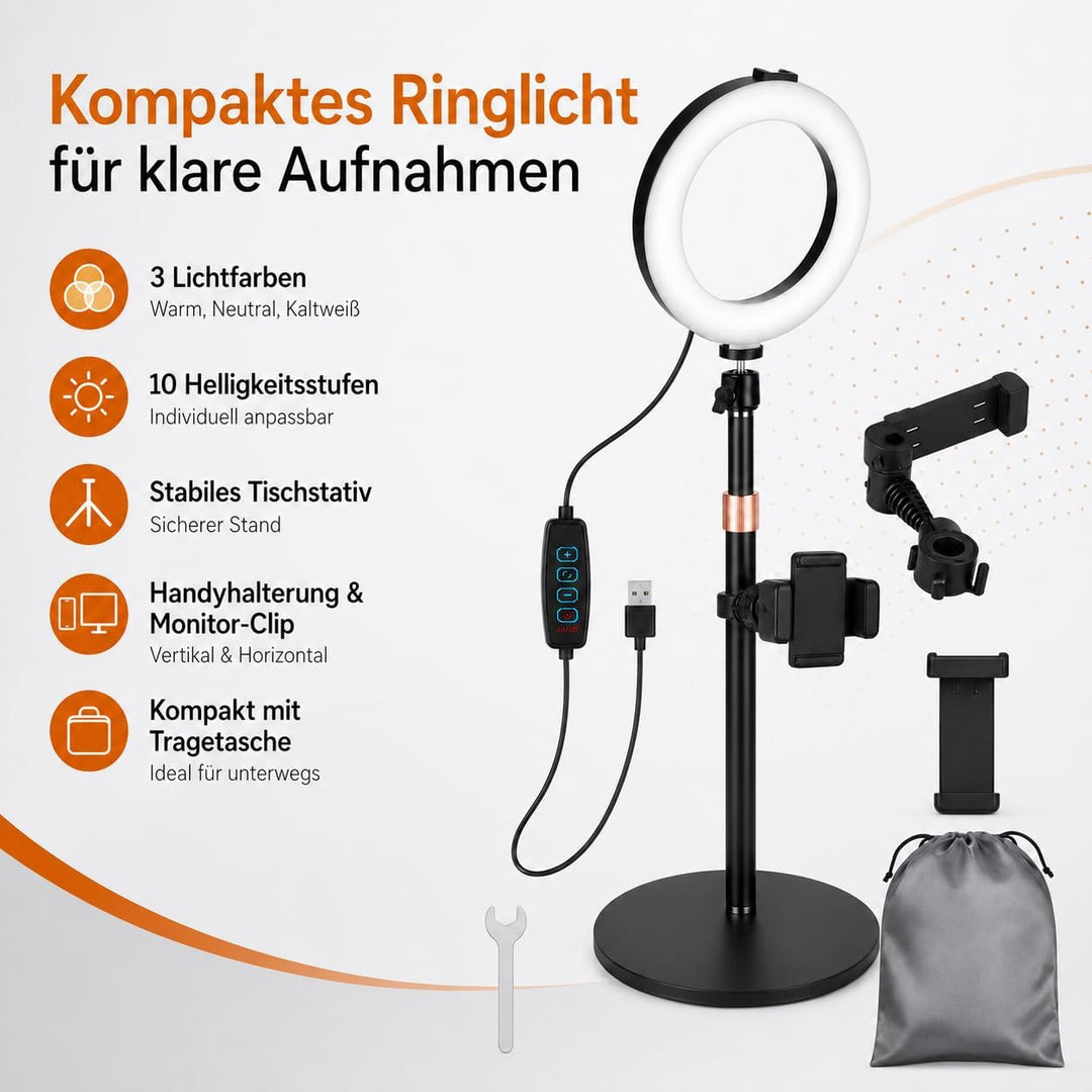 6 Zoll Ringlicht mit Stativ, LED Ring Light für Handy und Laptop | 3 Lichtfarben, 10 Helligkeitsstuf