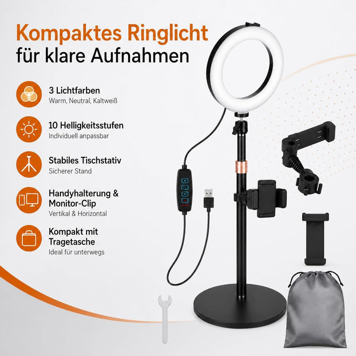 6 Zoll Ringlicht mit Stativ, LED Ring Light für Handy und Laptop | 3 Lichtfarben, 10 Helligkeitsstuf