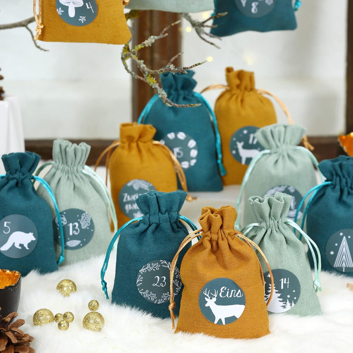 Papierdrachen 24 Adventskalender Stoffsäckchen zum Befüllen - mit Zahlenaufklebern von 1-24 - Stoffb