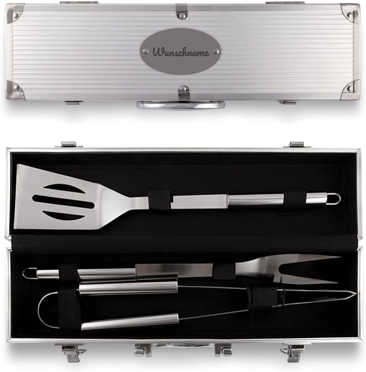 Grillkoffer 3-teilig Grillbesteck Edelstahl Grill Set mit Gravur - Schriftzug Name
