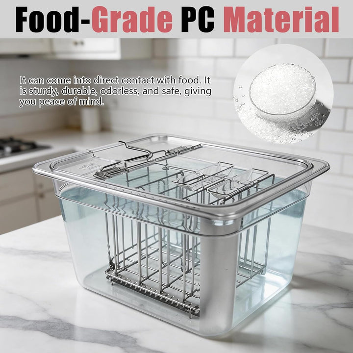 Sous Vide Behälter, 11L Upgrade mit Klappdeckel und Edelstahl-Rack 32,5×26,5×20 cm für Meisten Sous
