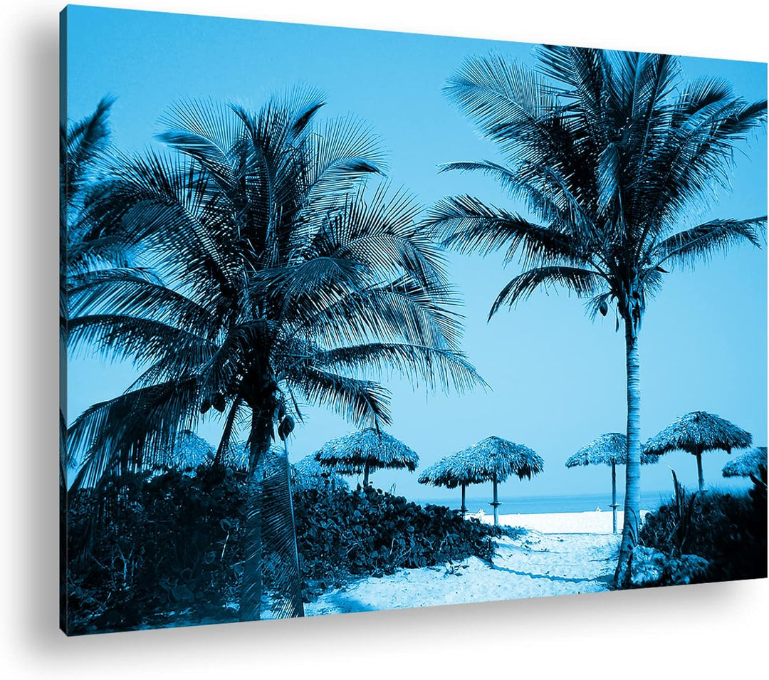 deyoli exotischer Palmenstrand Format: 60x40 Effekt: Monocrome Blau als Leinwand, Motiv fertig gerah