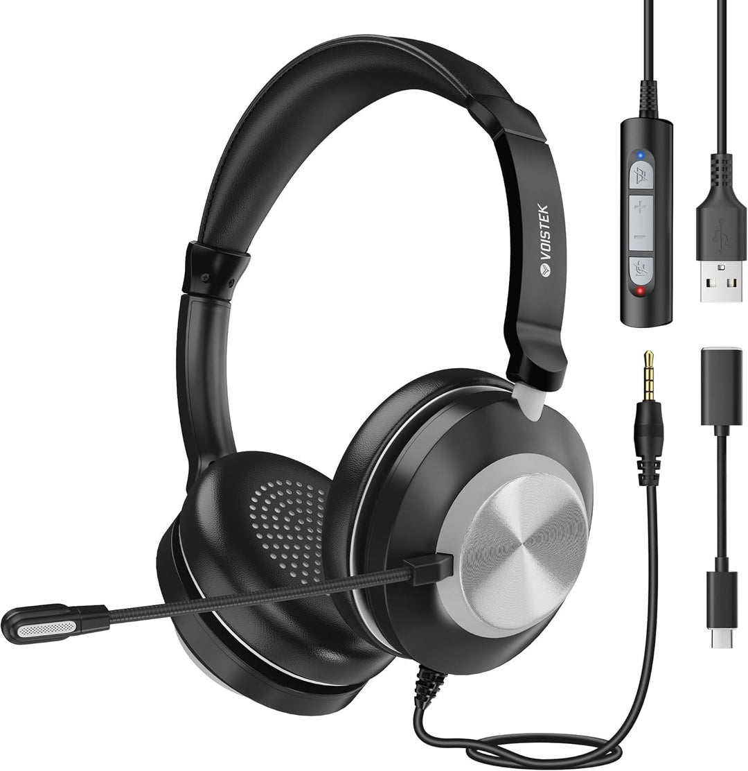 Voistek USB Headset mit Mikrofon für Laptop PC, Typ C-USB-3,5mm Jack, Wired On-Ear Kopfhörer mit Ger