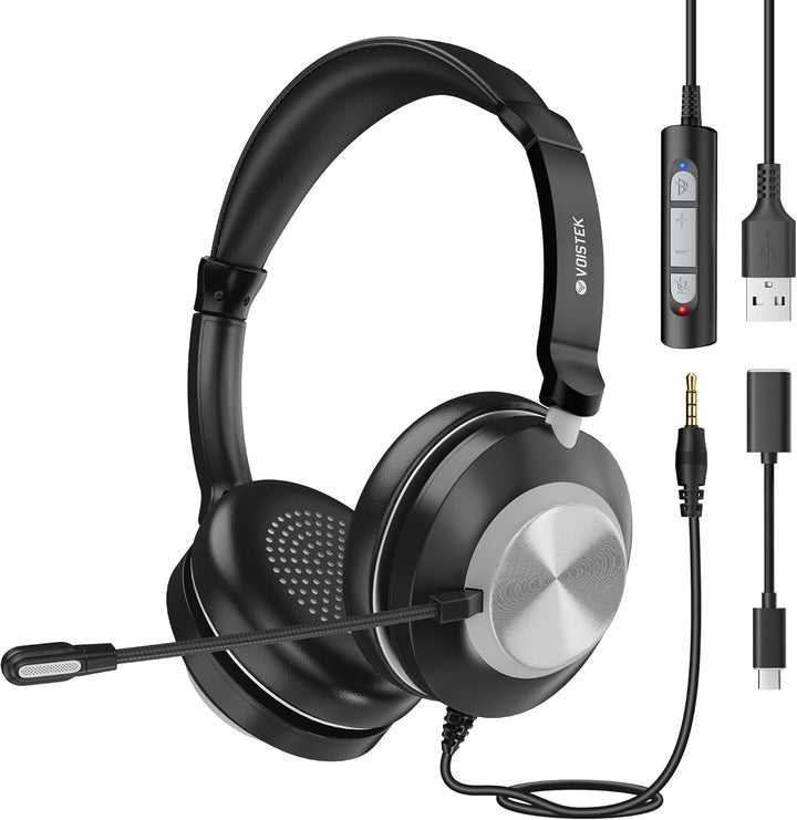 Voistek USB Headset mit Mikrofon für Laptop PC, Typ C-USB-3,5mm Jack, Wired On-Ear Kopfhörer mit Ger
