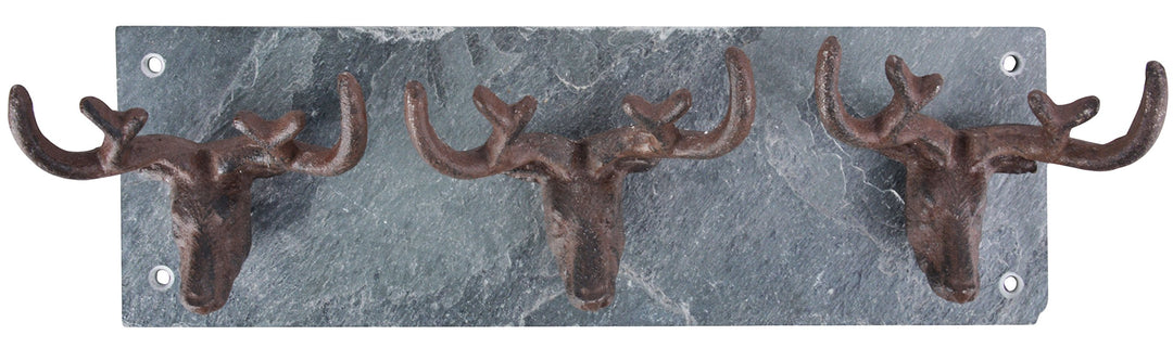 Esschert Design 3er Wandhaken, Garderobenhaken Hirsch Schieferplatte
