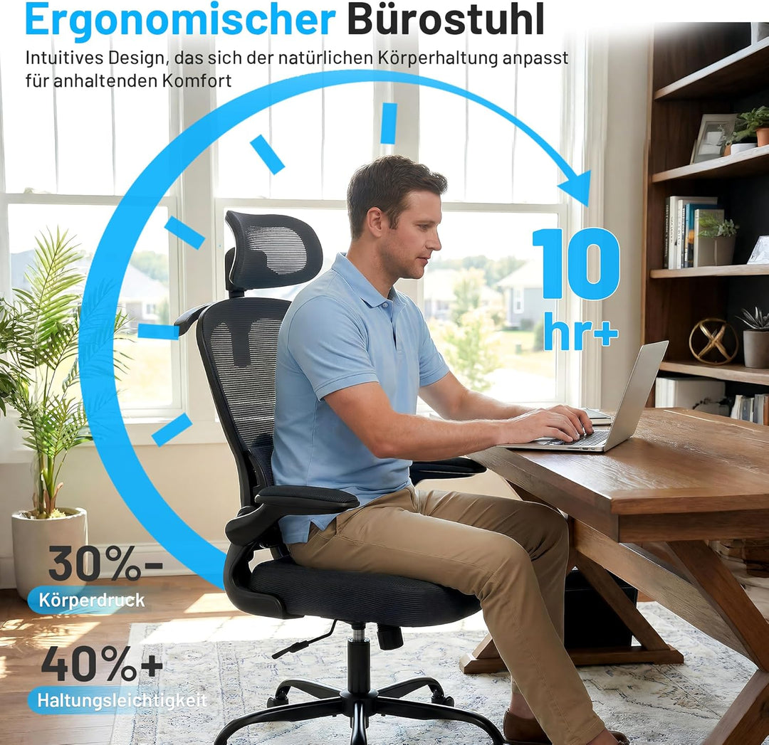 Bürostuhl, Ergonomisch mit Kopfstütze und Verstellbarer Lendenwirbelstütze, Mesh Drehstuhl für Homeo