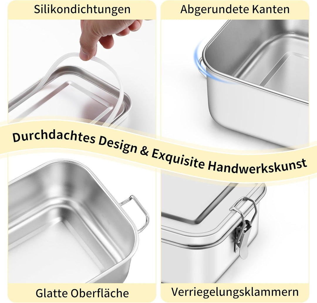 Onader Edelstahl Brotdose mit Fächern, 2400ml Gross Bento Box Lunchbox mit Abnehmbar Trennwand, Meta