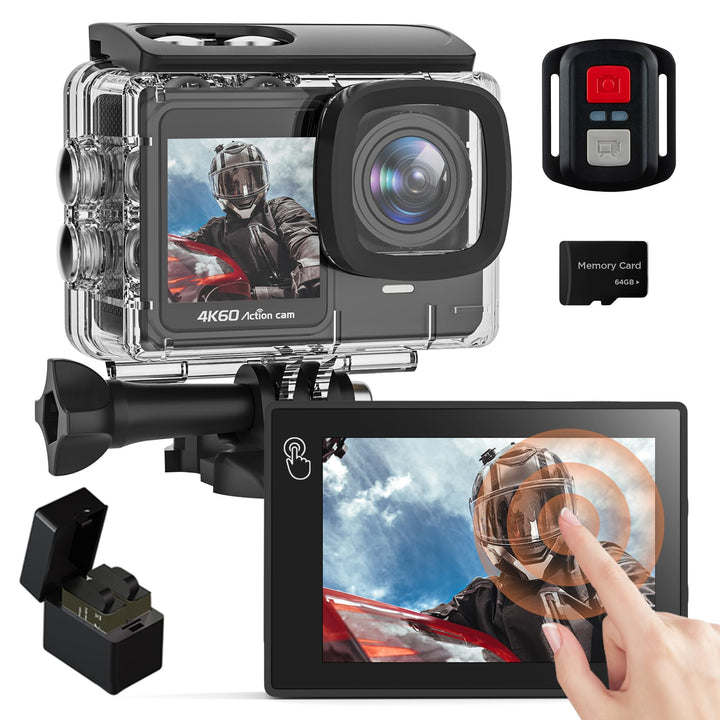 4K60FPS 24MP Action Cam, Touchscreen Sportkamera mit 64GB SD-Karte, Unterwasserkamera 131FT Wasserdi