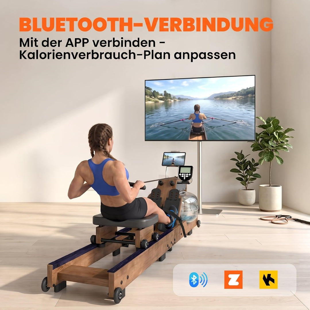 SPORTNOW Wasser Rudergerät für Zuhause aus Gummiholz Klappbar Rudermaschine mit Bluetooth APP Doppel